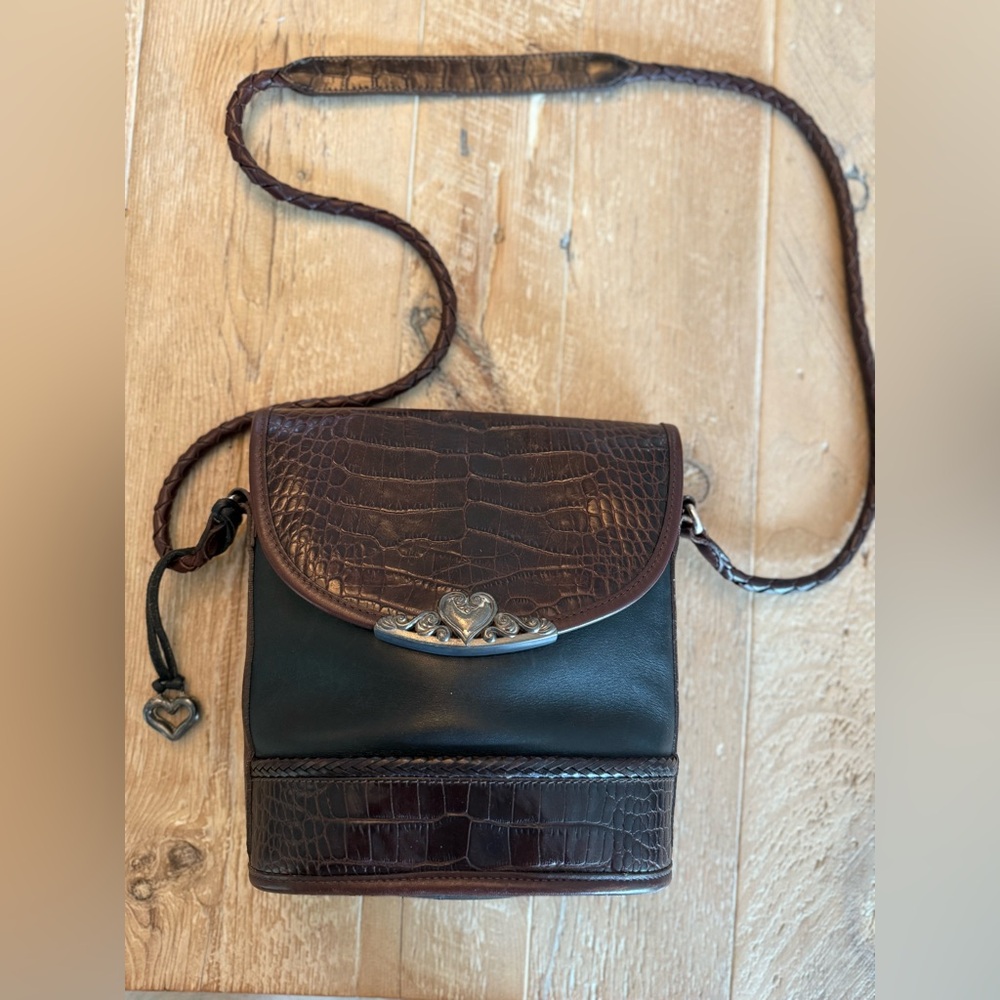 Brighton Brown Croc-Trim Crossbody with Heart Clasp Vintage Mid-90’s EUC